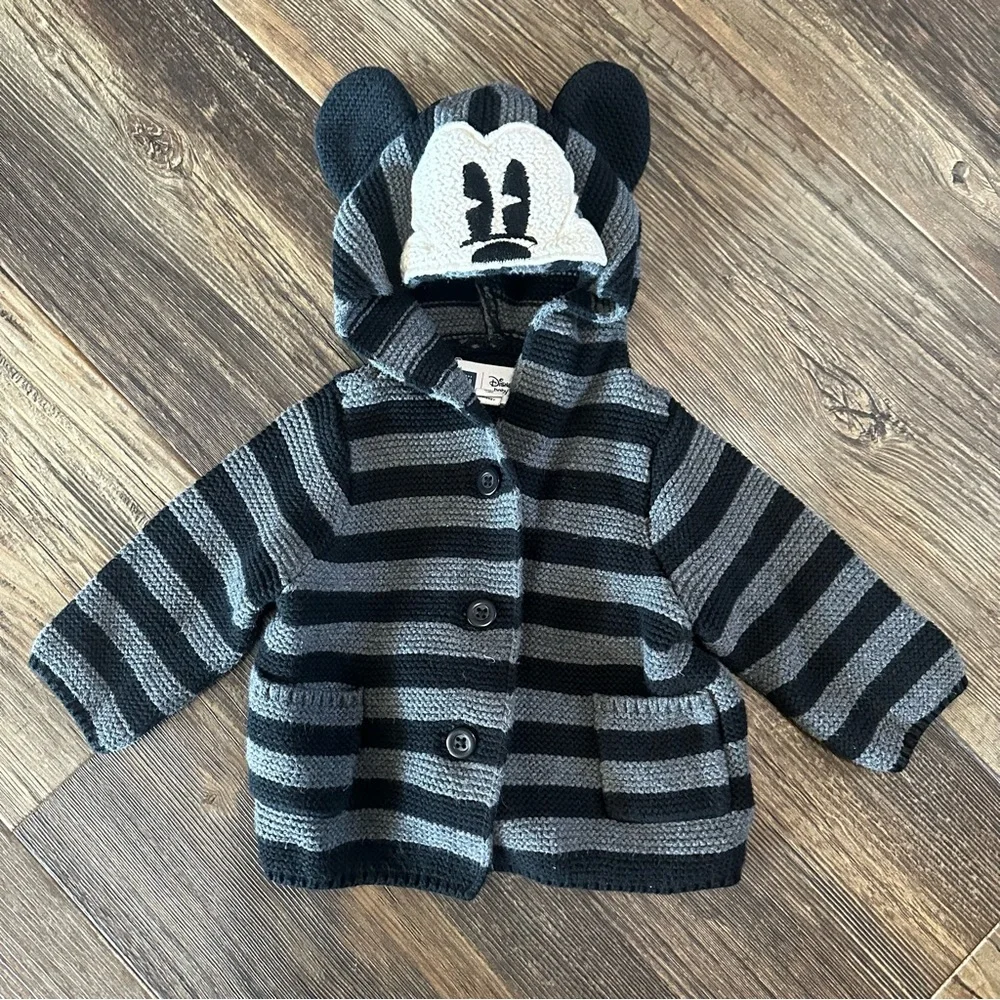 Disney baby GAP boys 3-6 mo hooded Mickey Mouse striped button up sweater